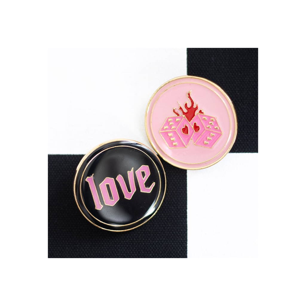 Flaming Dice and Love Pin Badge Set