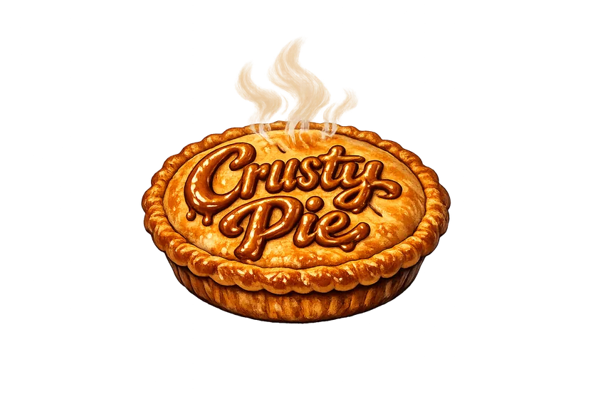 Crusty Pie logo - a steaming pie with Crusty Pie written in pastry lettering