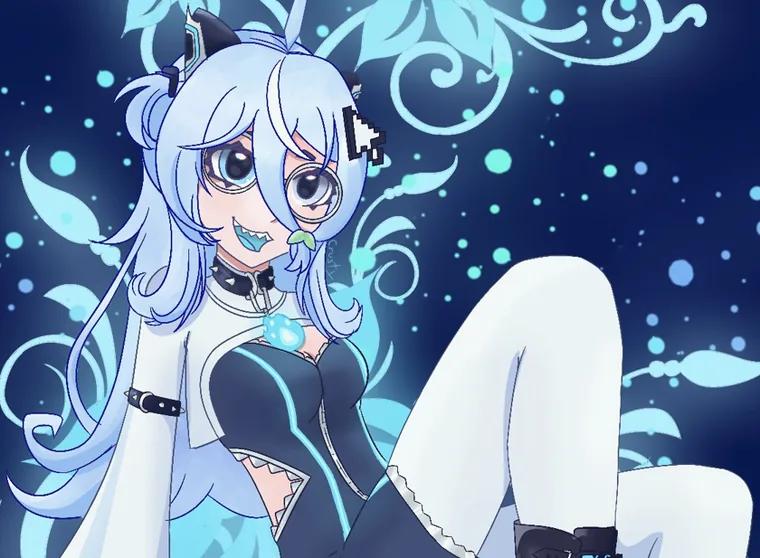 Original character art by Crusty Pie, a pale blue haired character with animal ears against a swirling blue background