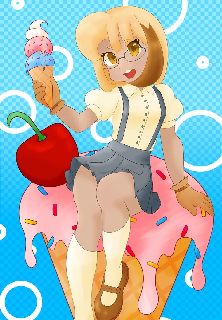 Original character art by Crusty Pie, a girl in round glasses sitting on a giant ice cream sundae